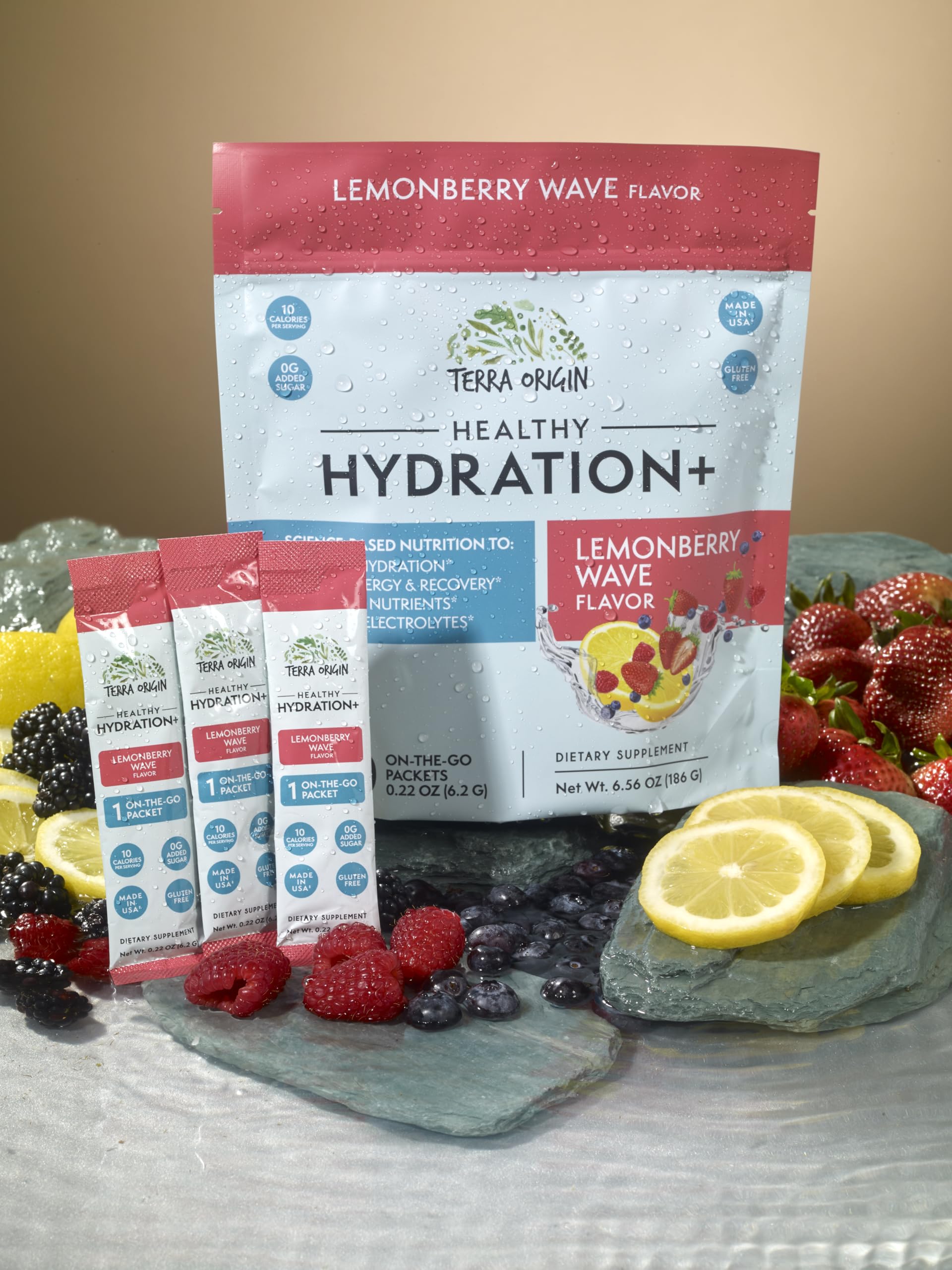 Close-up of Lemonberry Wave hydration powder packaging