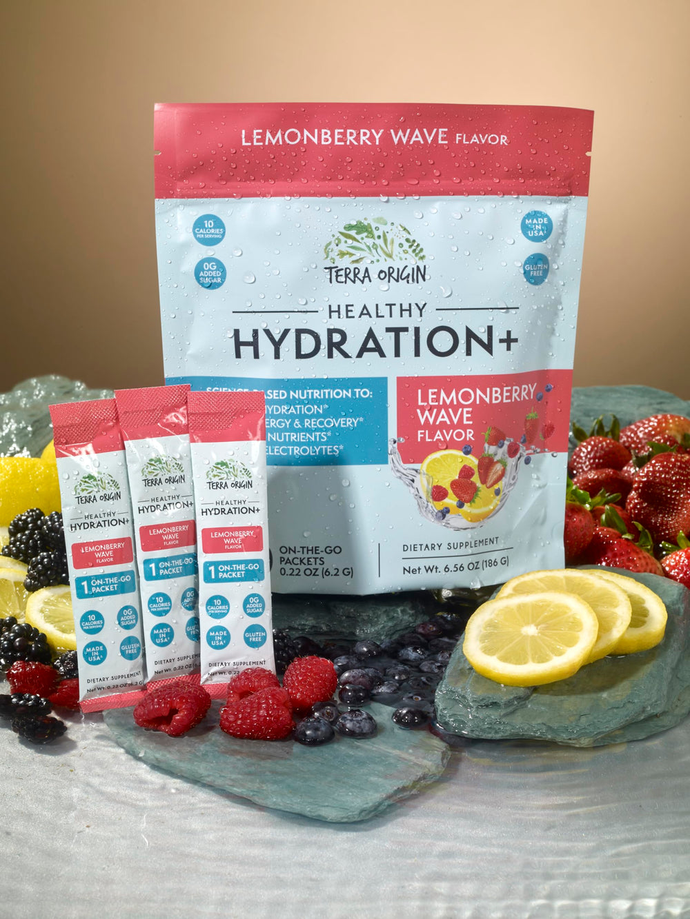 Close-up of Lemonberry Wave hydration powder packaging