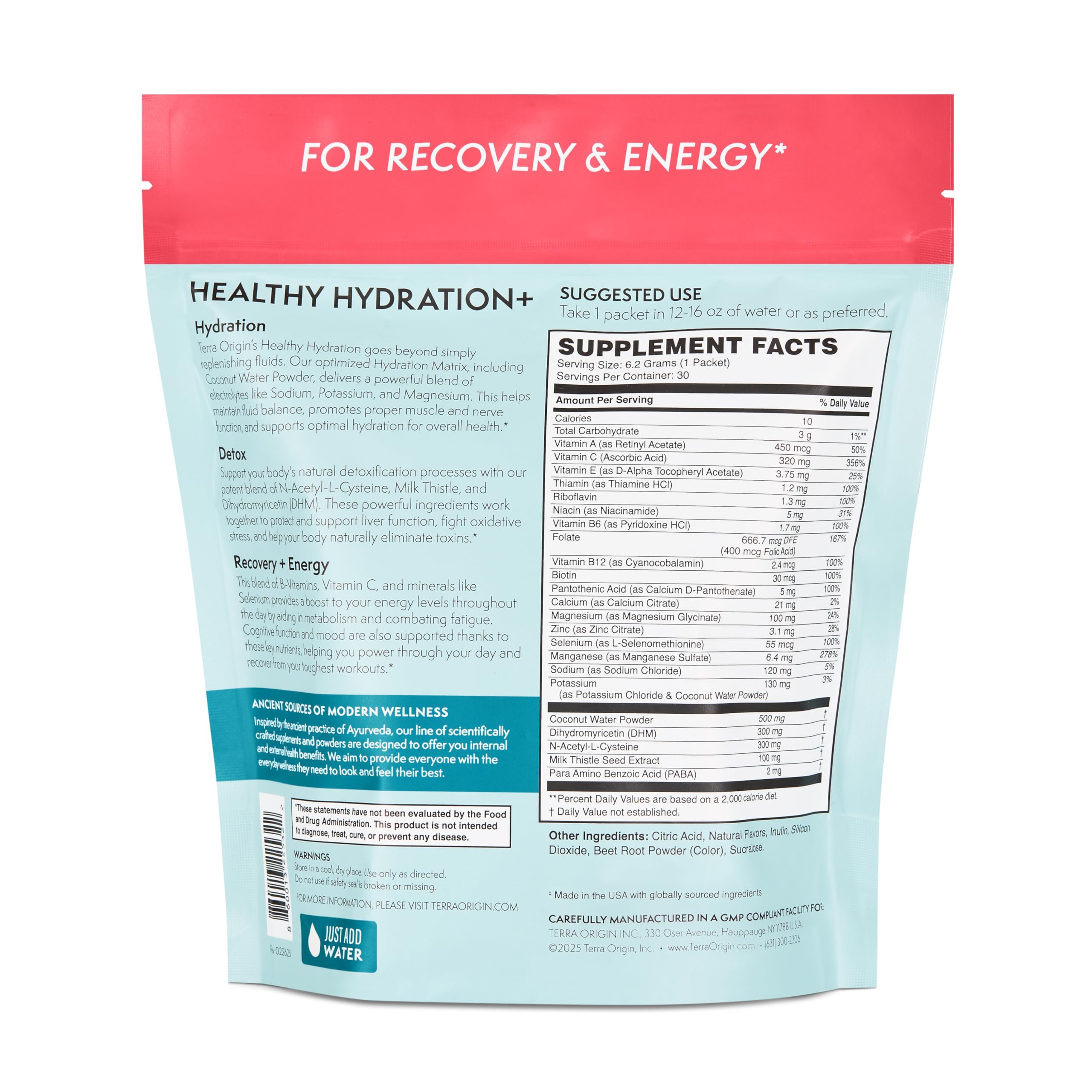 Gluten-free, zero sugar hydration powder label