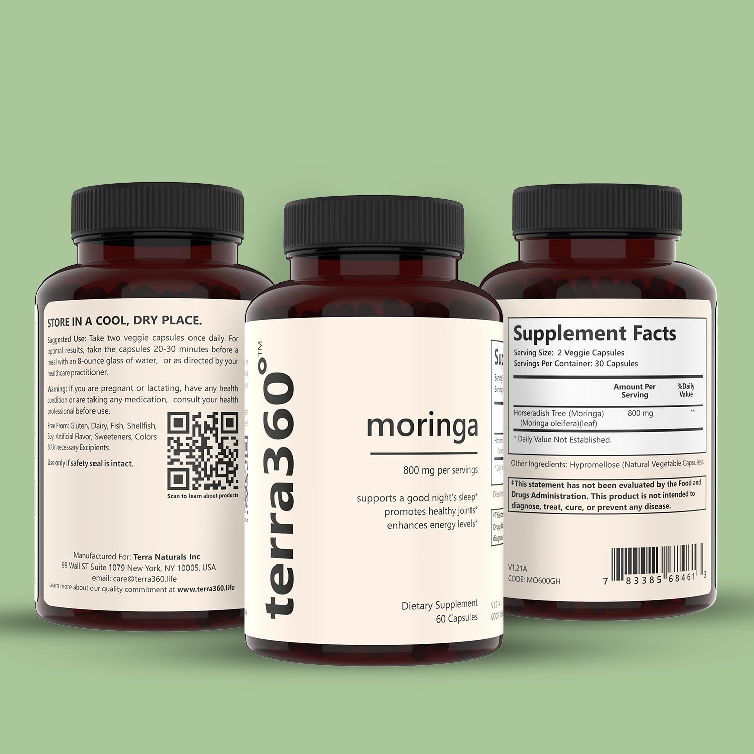 Ingredients panel of Terra360° Moringa Capsules bottle