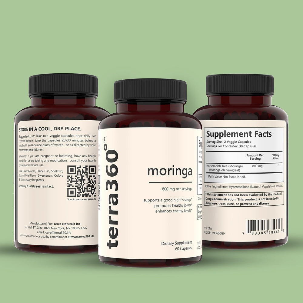 Ingredients panel of Terra360° Moringa Capsules bottle