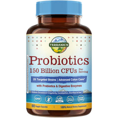 Terranics Daily Probiotics hero image showing 60 veggie caps with 150 Billion CFU and 25 strains