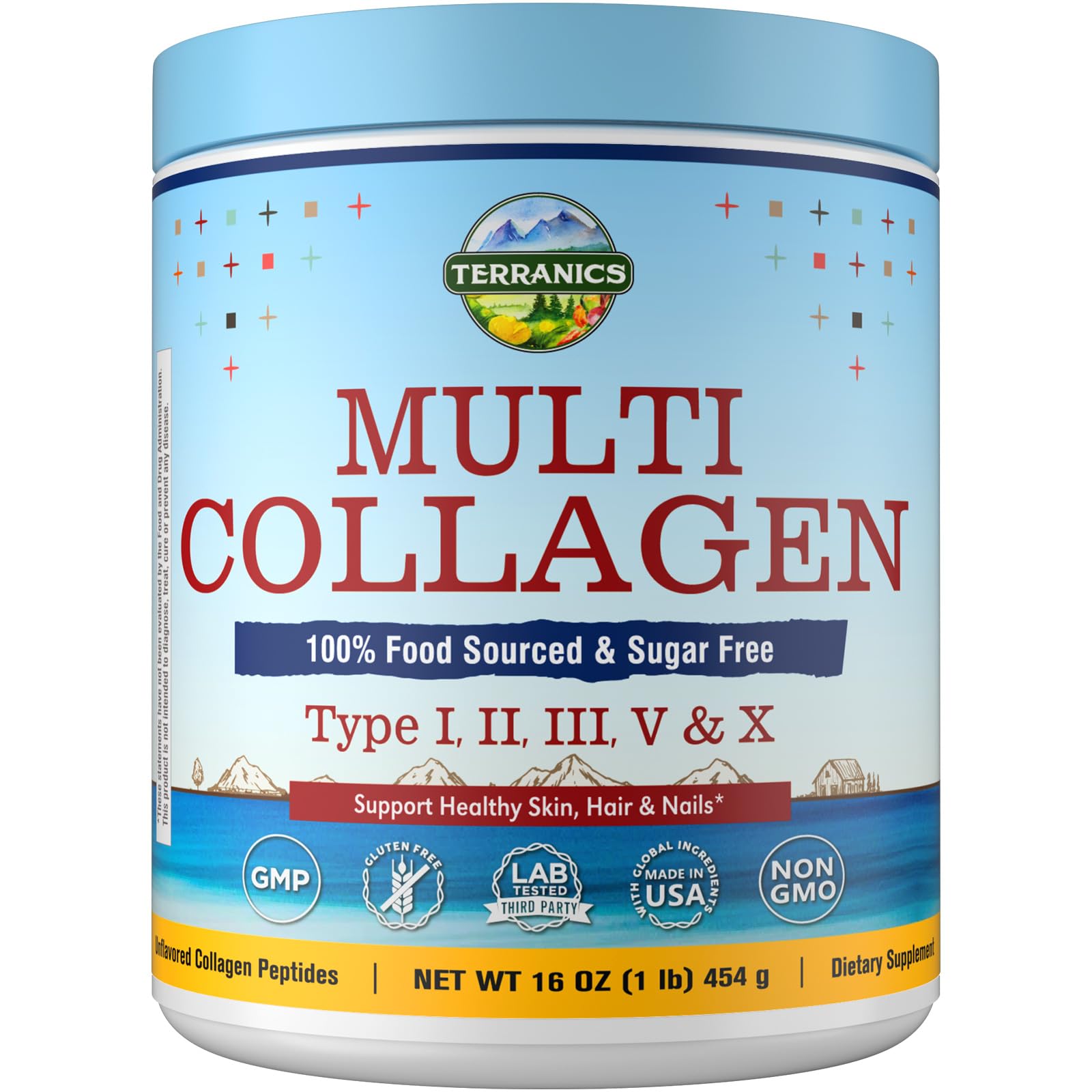 Front view of Terranics Multi Collagen Peptides Powder container