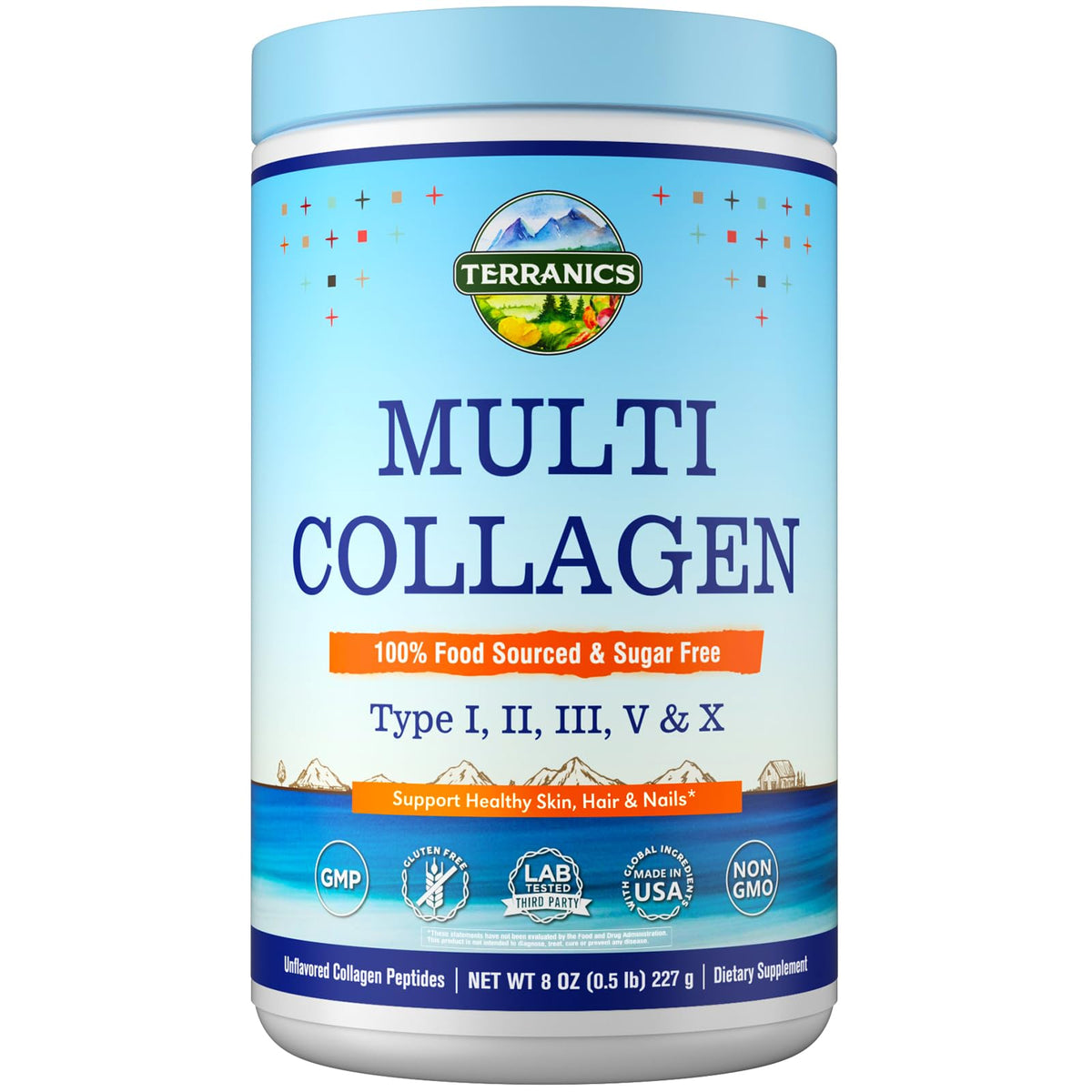 Terranics Multi Collagen Peptides Powder bottle with scoop