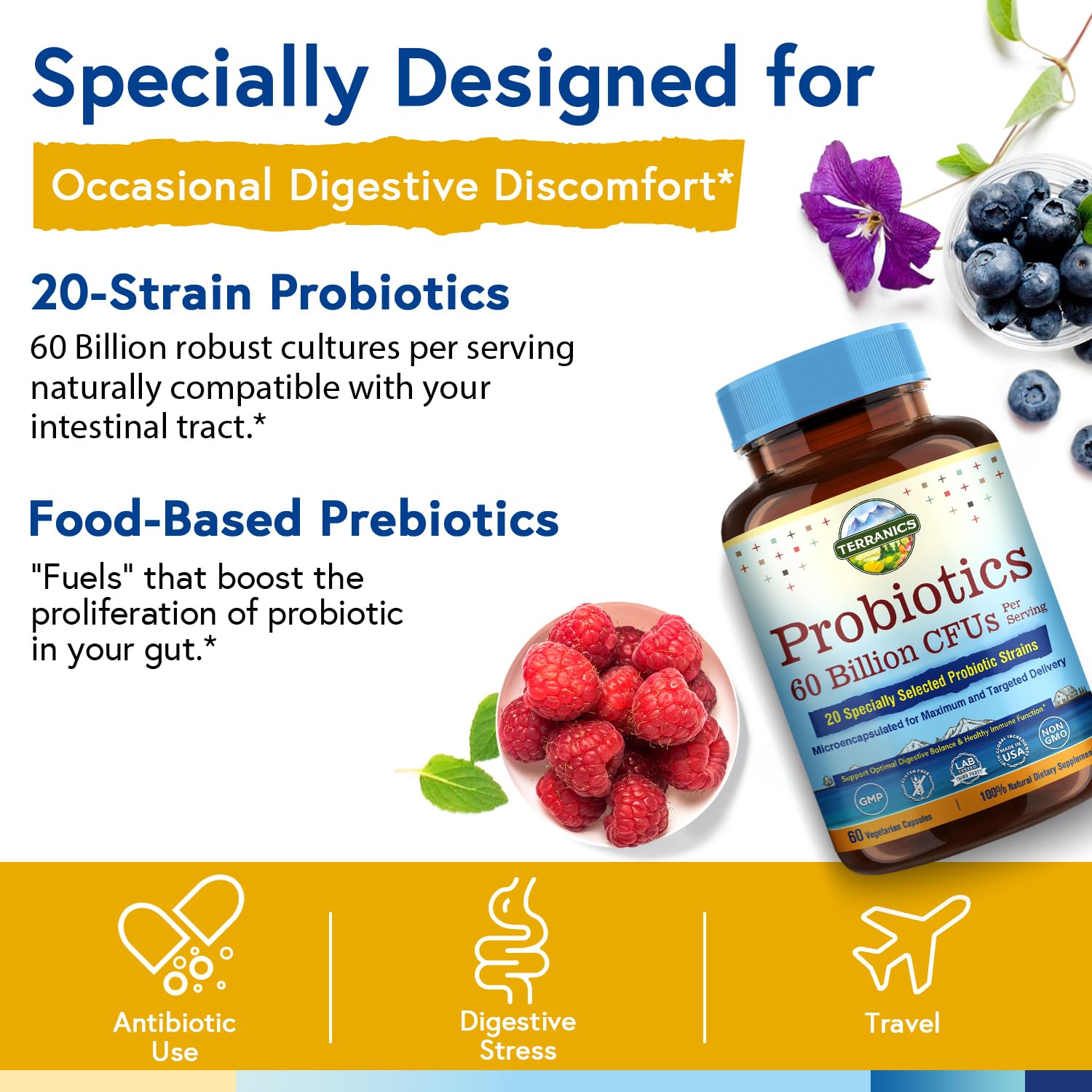 Shelf-stable Terranics Probiotics bottle for home or travel