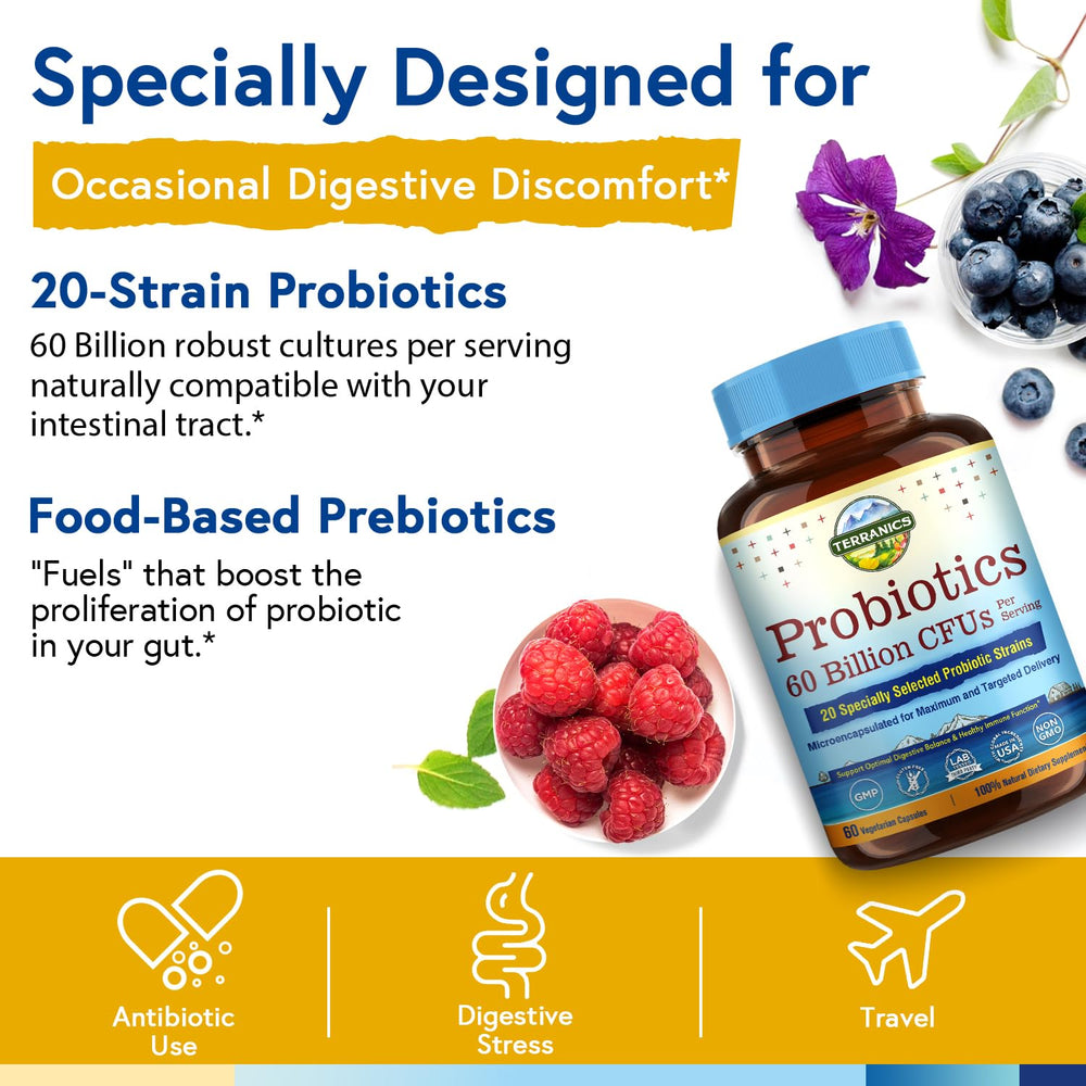Shelf-stable Terranics Probiotics bottle for home or travel