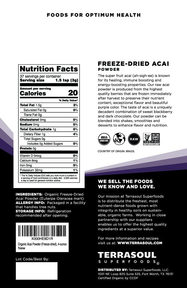 Close-up of Terrasoul Acai Berry Powder 4 oz packaging