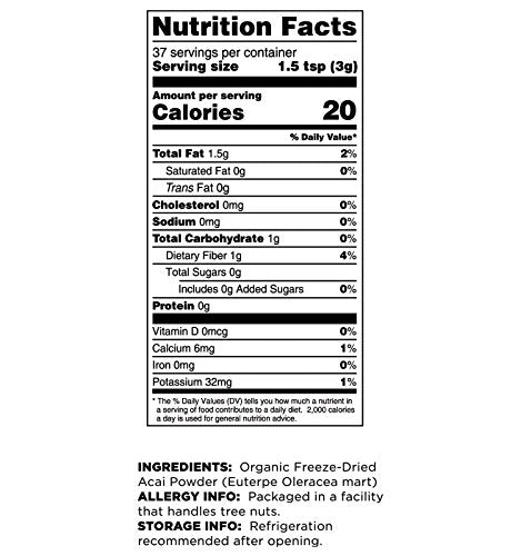 Acai powder showing omega fats and nutrients