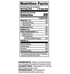 Acai powder showing omega fats and nutrients