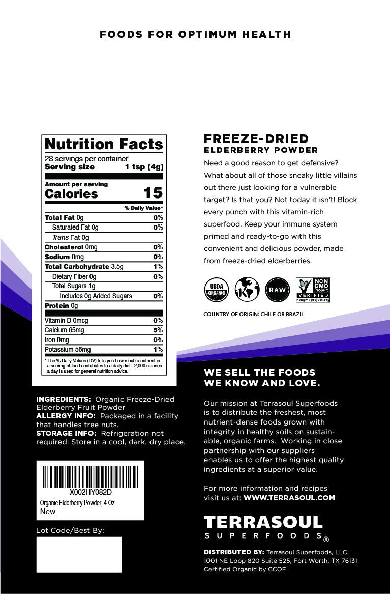 Terrasoul Elderberry Powder 4 oz back nutrition label