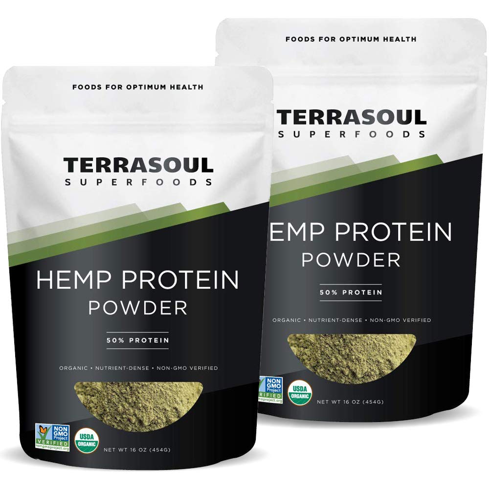 Terrasoul hemp protein powder bag front highlights organic certification and vegan protein