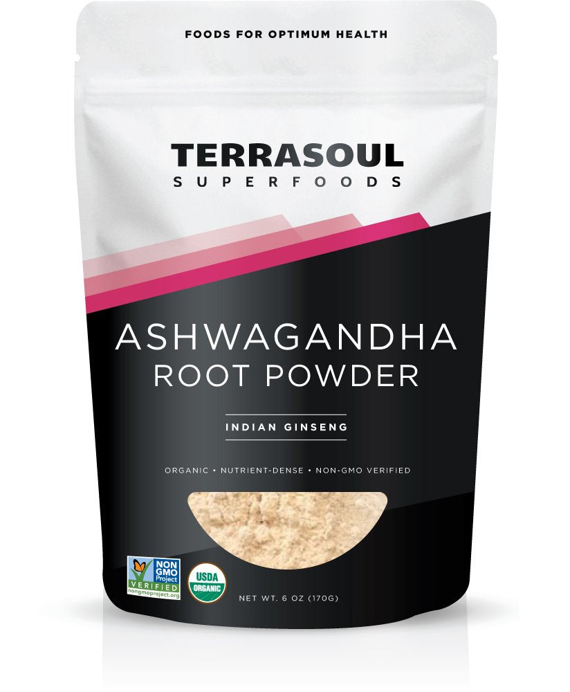 Close-up of Terrasoul Organic Ashwagandha Root Powder 6oz jar