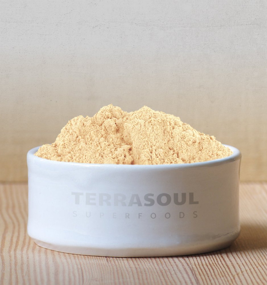 Open pouch of Terrasoul Organic Gelatinized Maca Powder