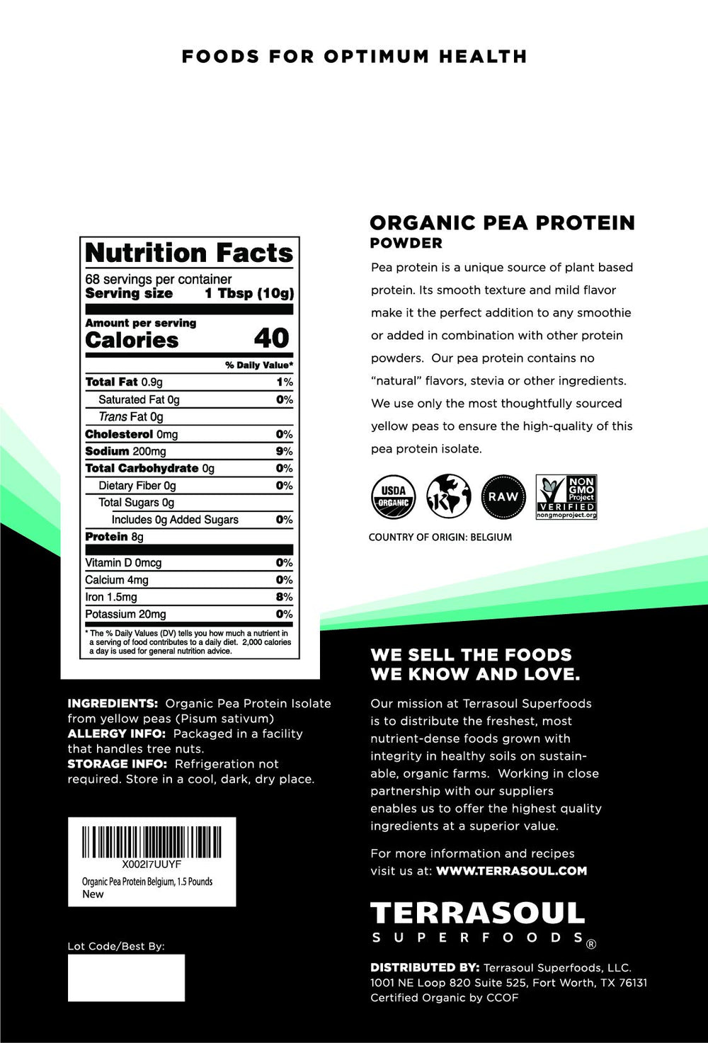 Terrasoul Organic Pea Protein sealable pouch highlighting freshness and storage simplicity.