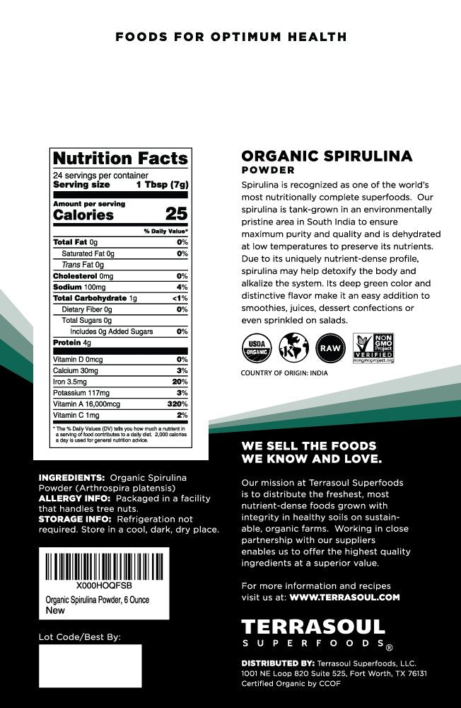 Terrasoul Spirulina Powder 6 oz Pack 2 resealable pouch