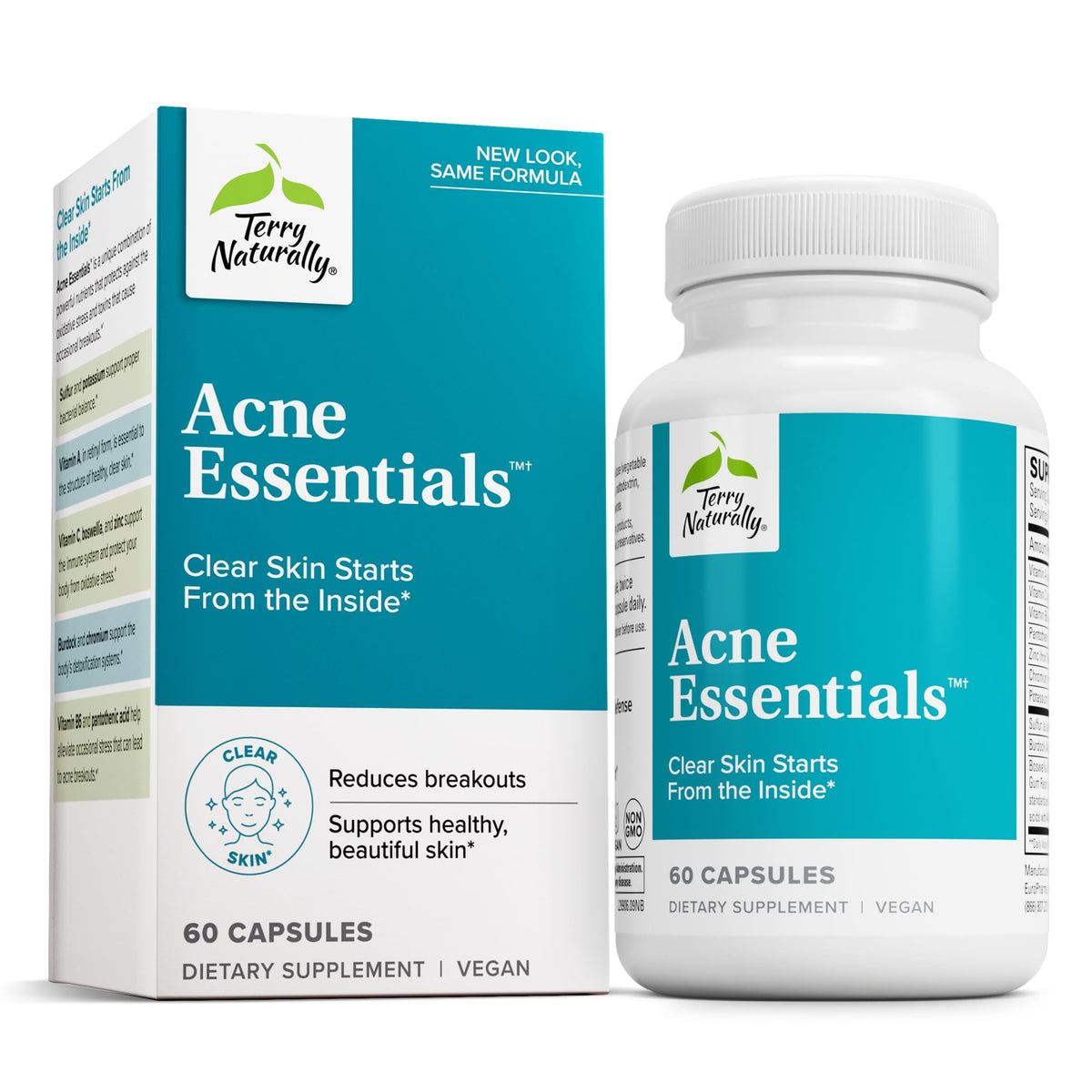 Terry Naturally Acne Essentials bottle with capsules on white background