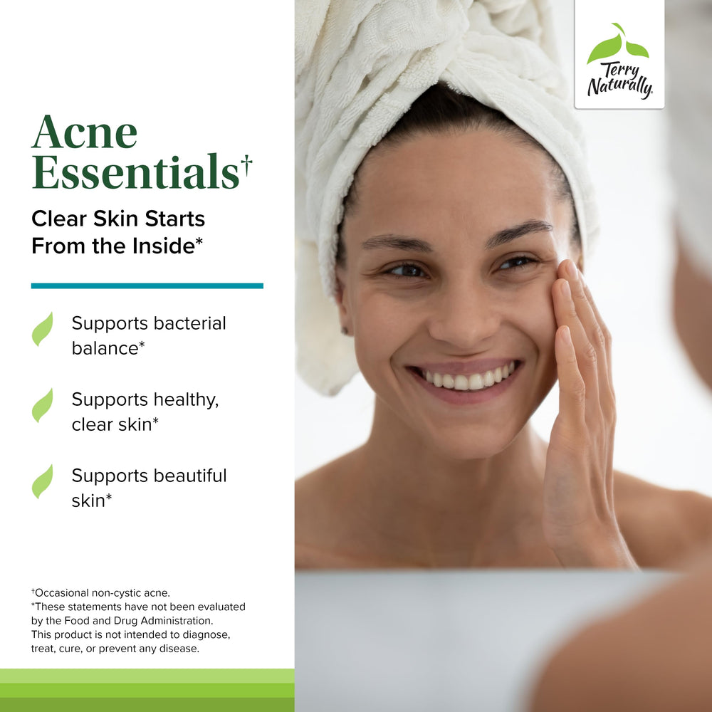 Assorted capsules representing the Acne Essentials supplement