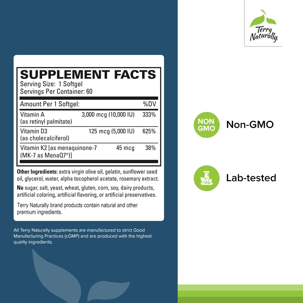 Label view of Terry Naturally A•D3•K2 60 softgels bottle