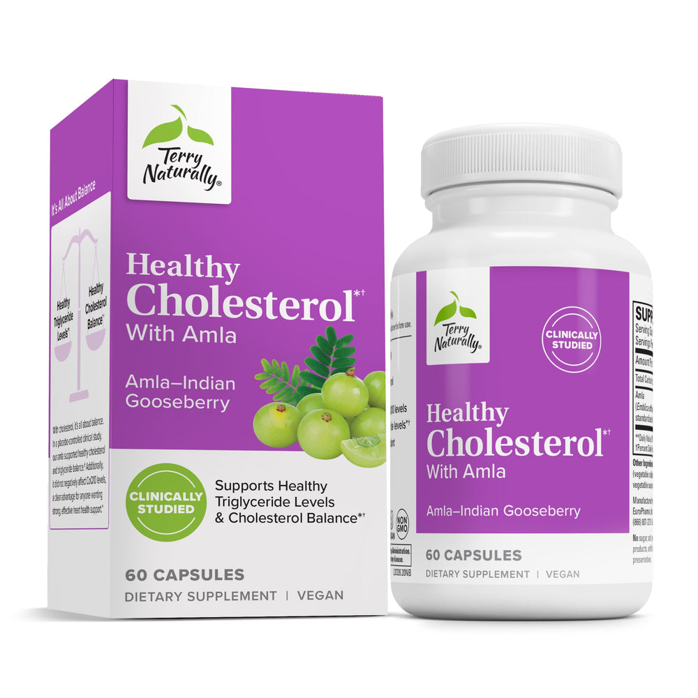 Bottle label for Terry Naturally Healthy Cholesterol with Amla supplement