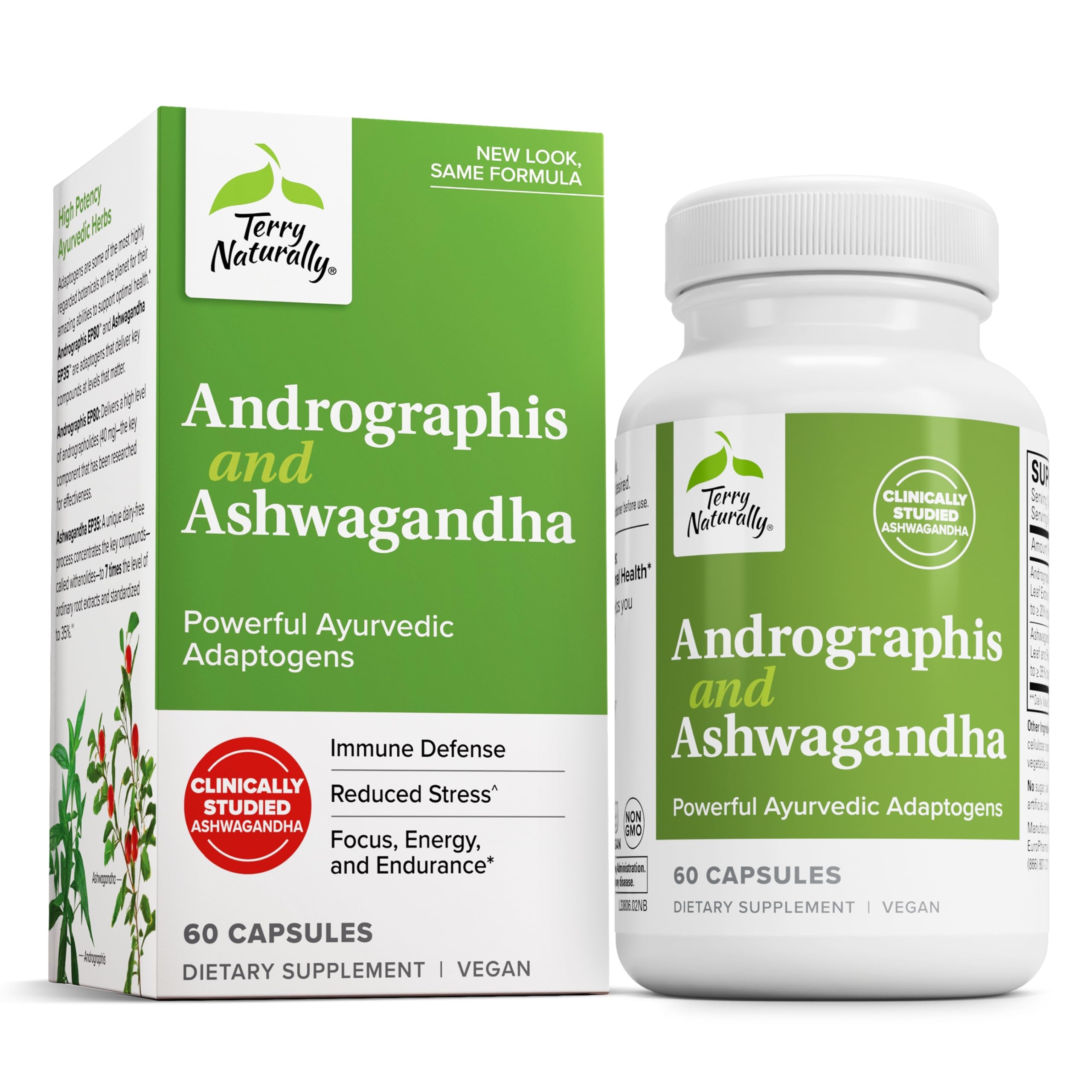 Terry Naturally Andrographis & Ashwagandha immune support supplement bottle – 60 capsules