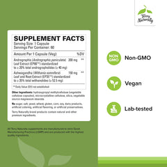 Close-up of Andrographis & Ashwagandha label on immune support bottle