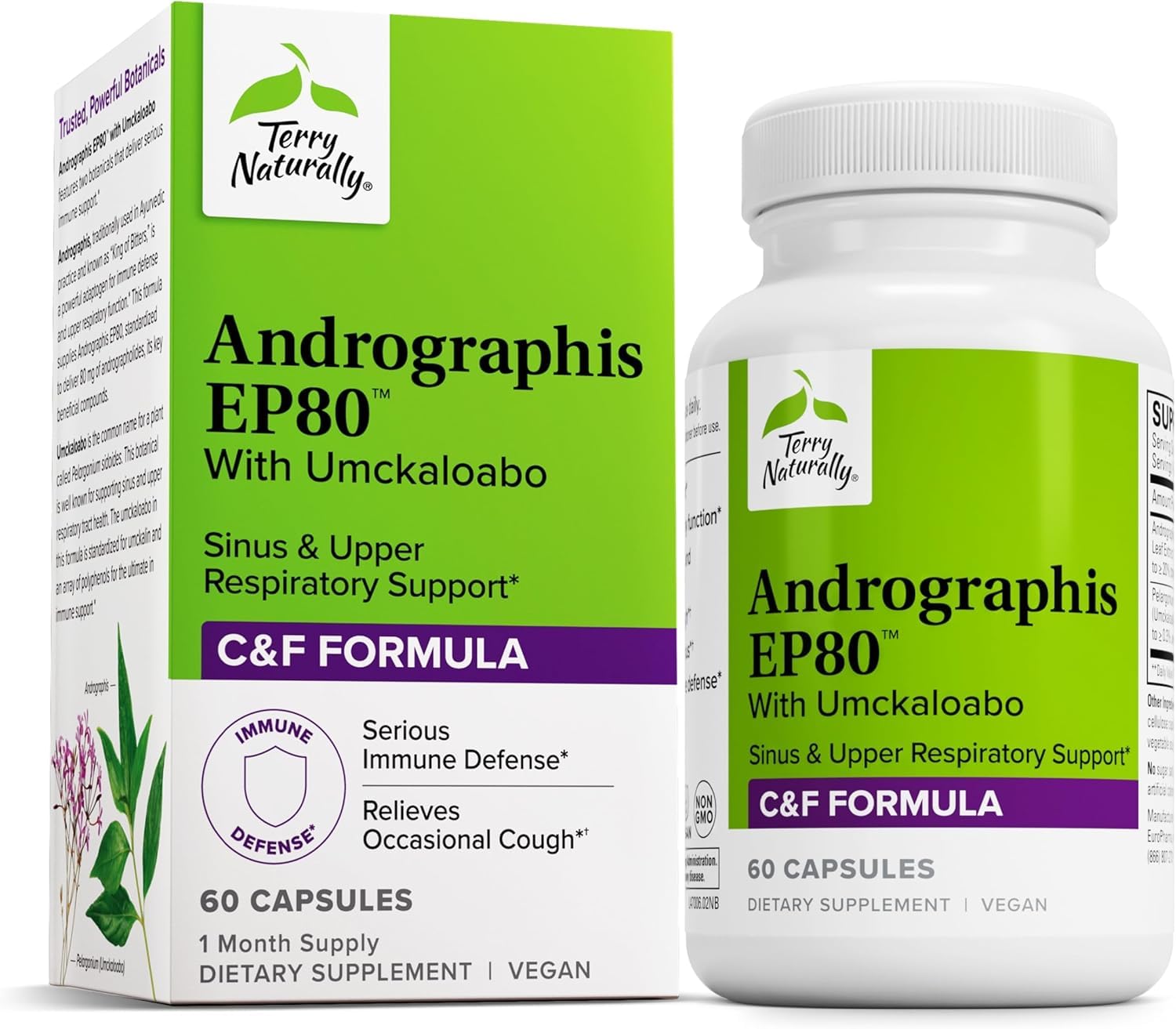 Terry Naturally Andrographis EP80 with Umckaloabo bottle – 60 vegan capsules