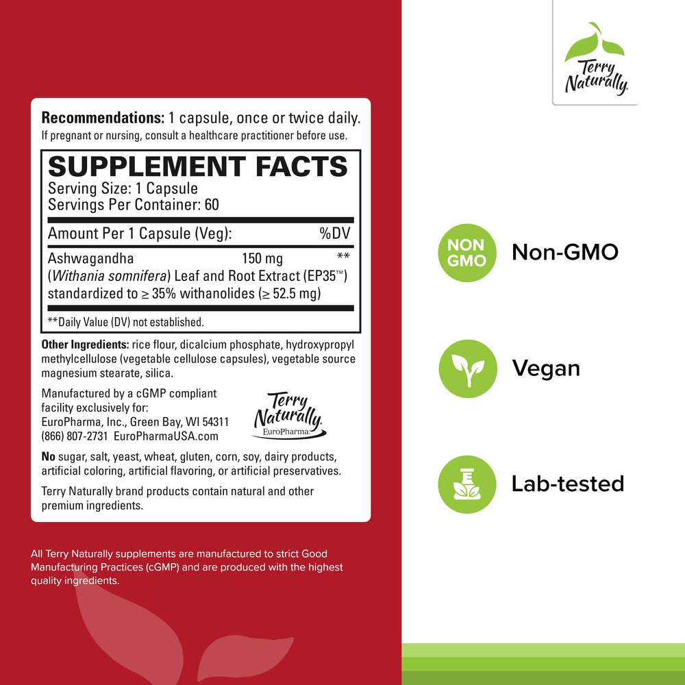 Close-up of Ashwagandha EP35 Extra Strength bottle label