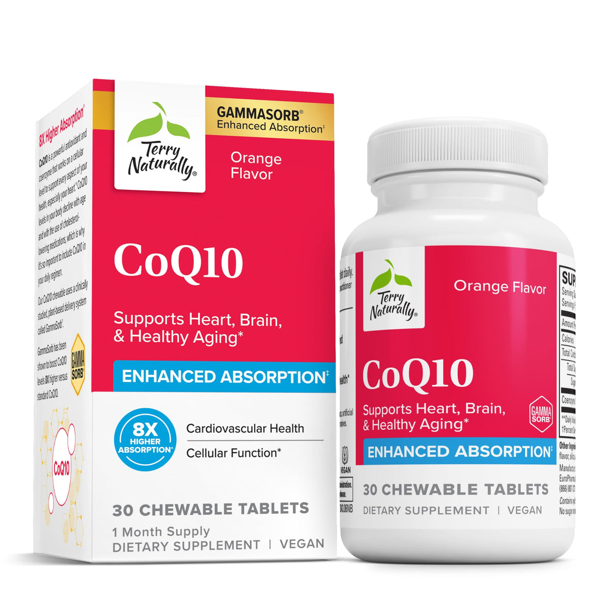 Front view of Terry Naturally CoQ10 Chewables bottle with 30-count label