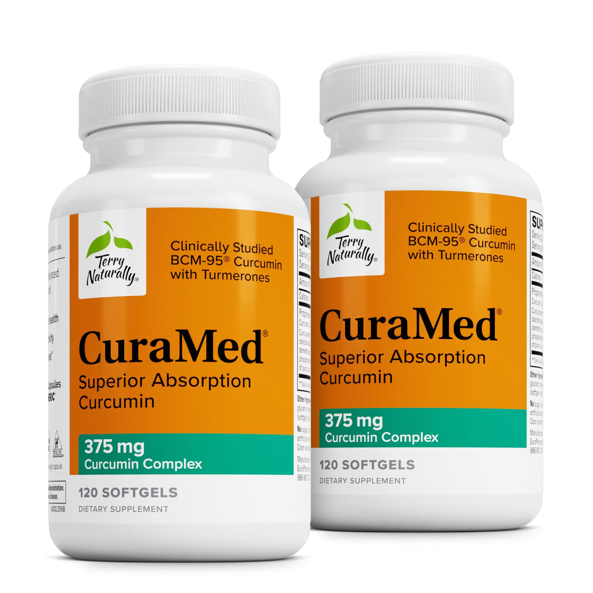 Front view of Terry Naturally CuraMed 375mg bottle with 120 softgels in a 2-pack