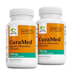 Front view of Terry Naturally CuraMed 375mg bottle with 120 softgels in a 2-pack
