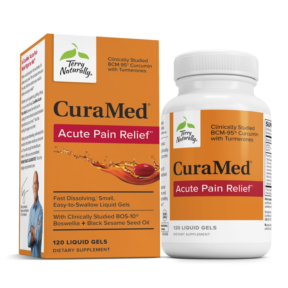 Front view of Terry Naturally CuraMed Acute Pain Relief bottle with 120 liquid gels