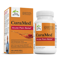 Front view of Terry Naturally CuraMed Acute Pain Relief bottle with 120 liquid gels