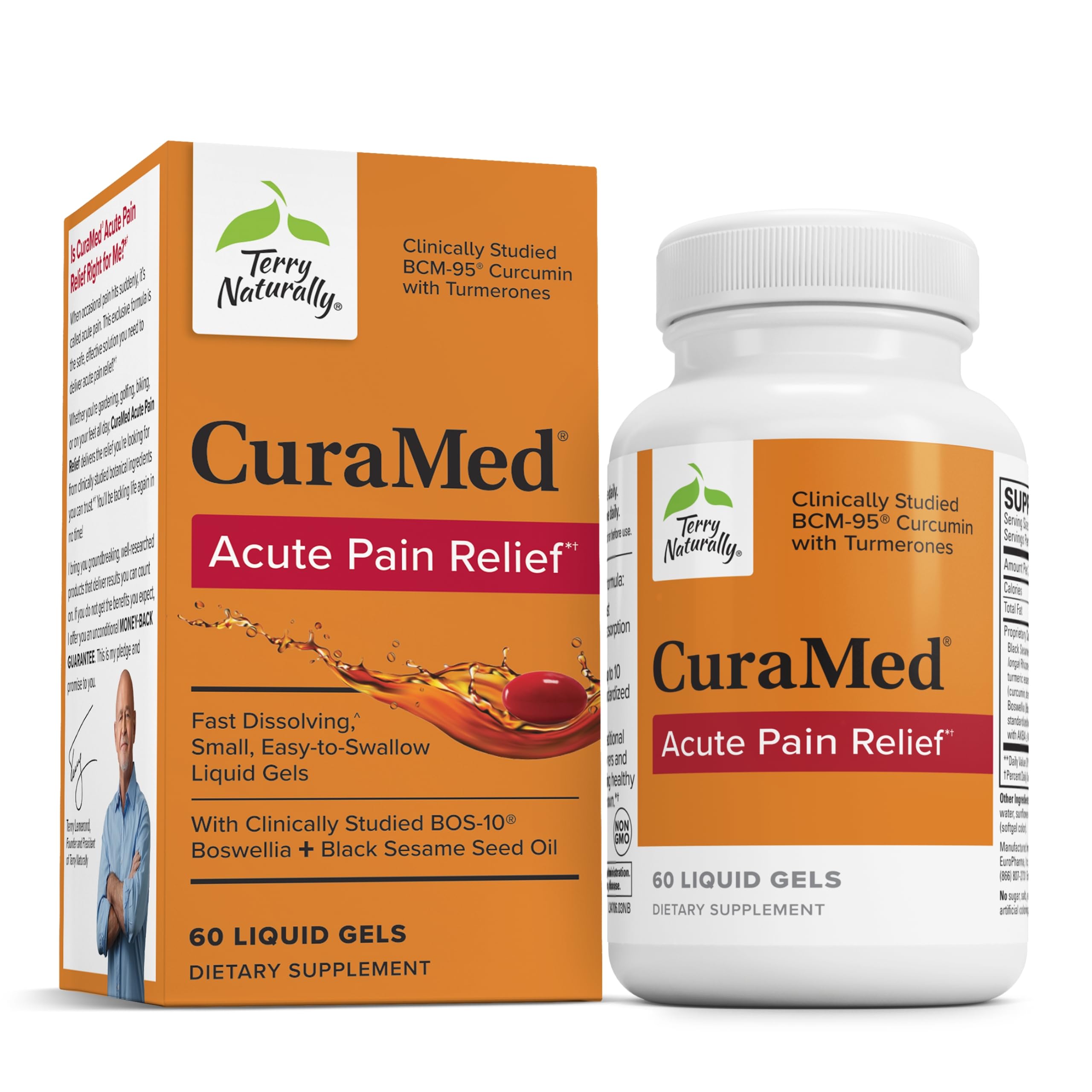 Terry Naturally CuraMed Acute Pain Relief bottle featuring BCM-95 curcumin and BOS-10 boswellia