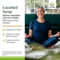 Open bottle with spoon showing CuraMed syrup's texture