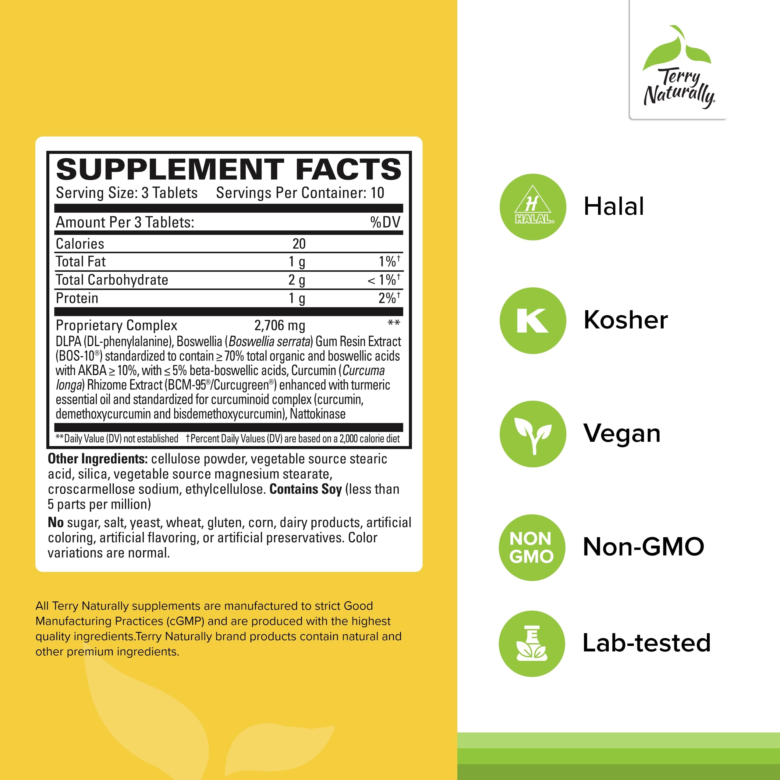 Back label with supplement facts for Terry Naturally Curamin Extra Strength