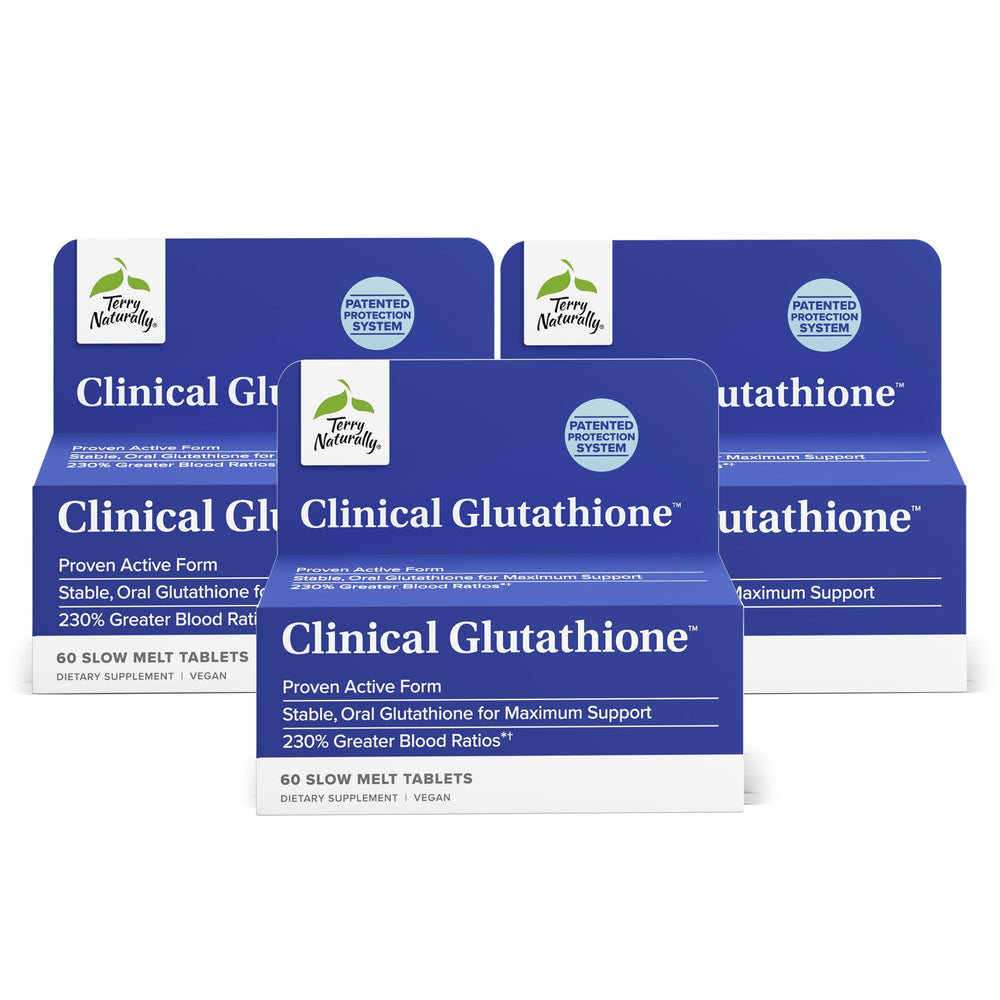 Hero image showing Terry Naturally Glutathione 60 slow-melt tablets in a 3-pack
