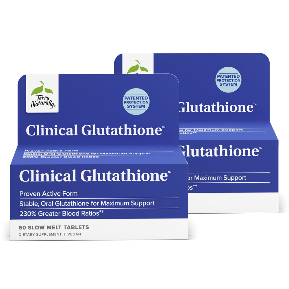 Two-bottle package of Terry Naturally Clinical Glutathione 60 slow-melt tablets.