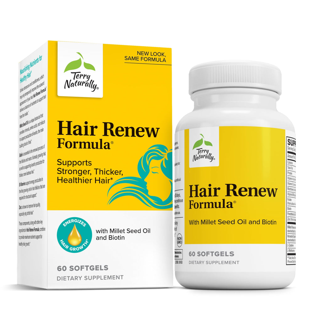 Front view of Terry Naturally Hair Renew Formula bottle with 60 softgels