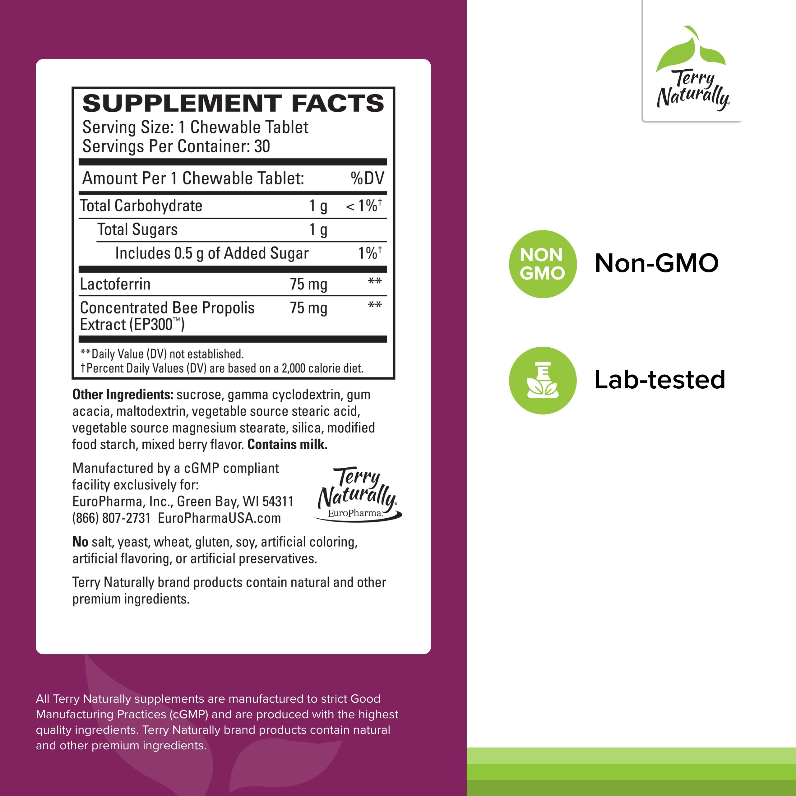 Product packaging for Terry Naturally Lactoferrin with Propolis EP300