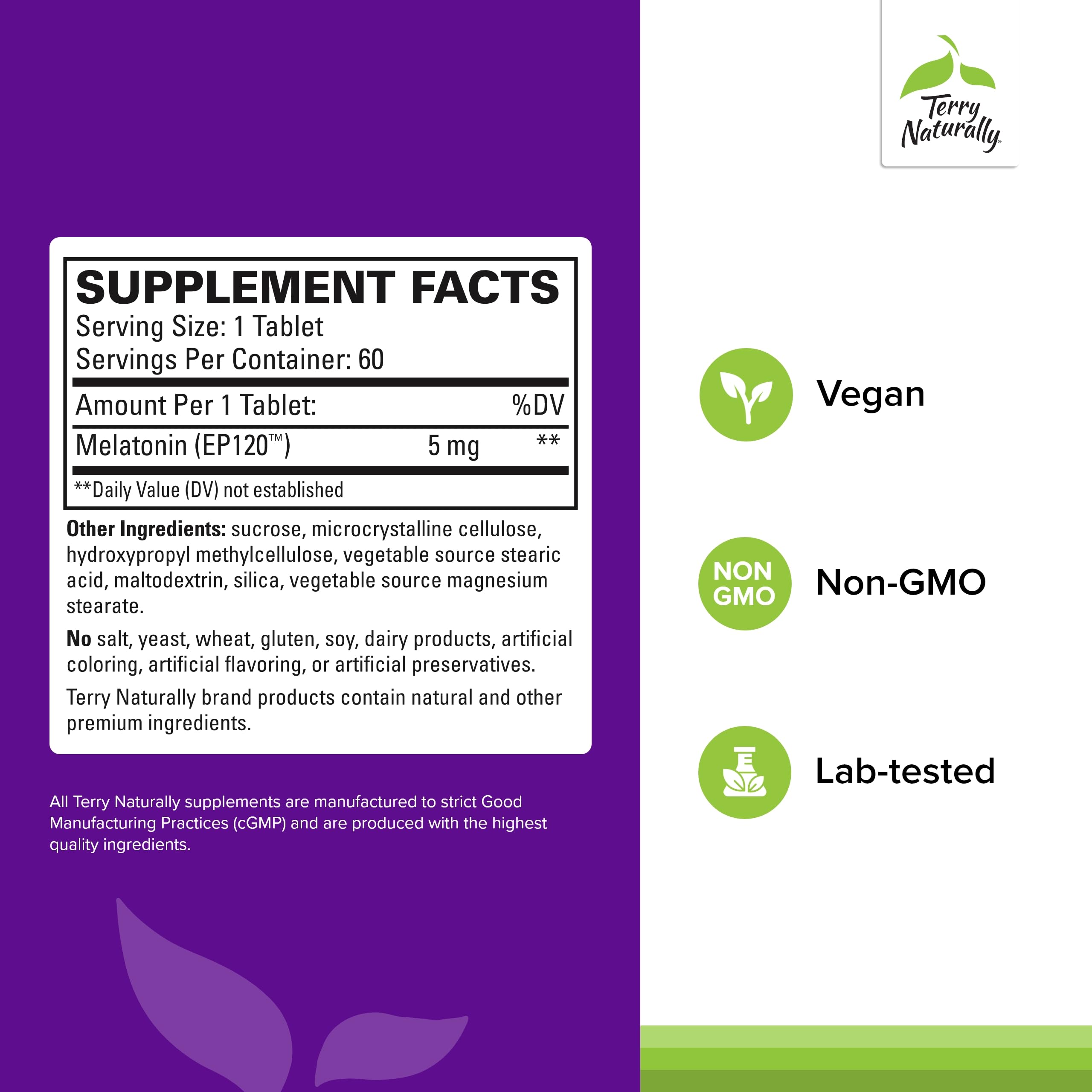 Product label for Terry Naturally Melatonin EP 120 5mg