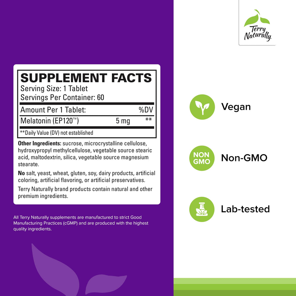 Product label for Terry Naturally Melatonin EP 120 5mg