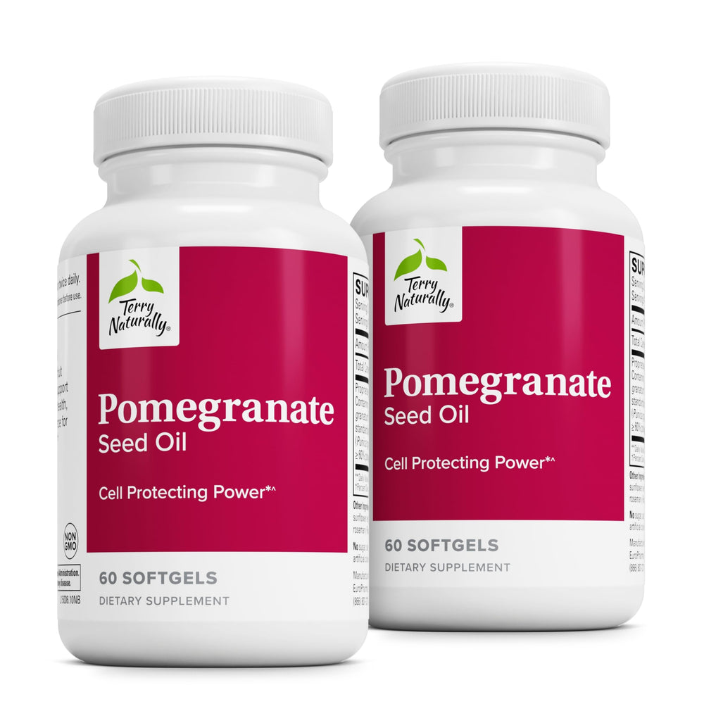 Front view of Terry Naturally Pomegranate Seed Oil 60 softgels 2-pack bottle