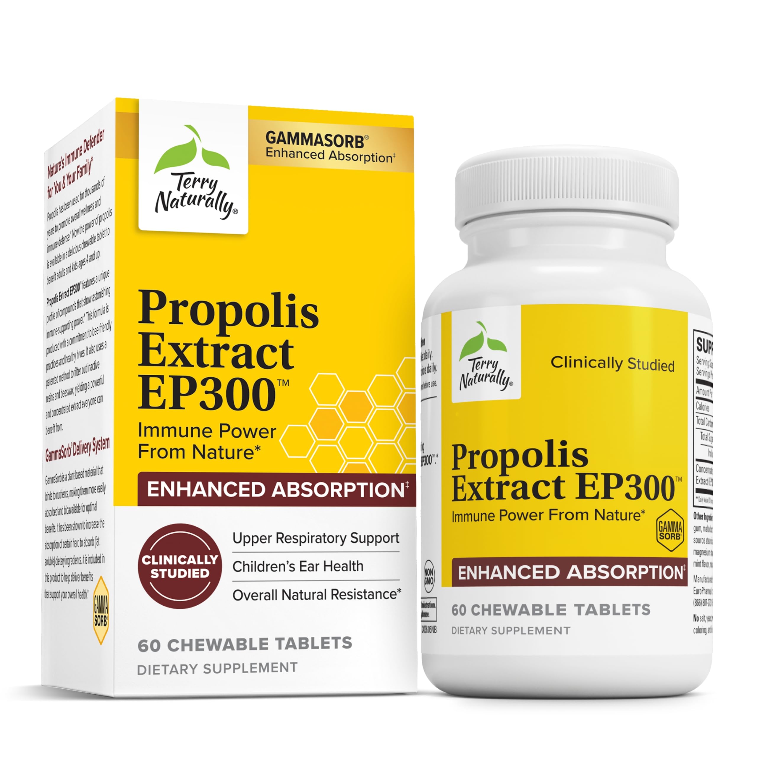 Front view of Terry Naturally Propolis Extract EP300 60-chewable tablets package