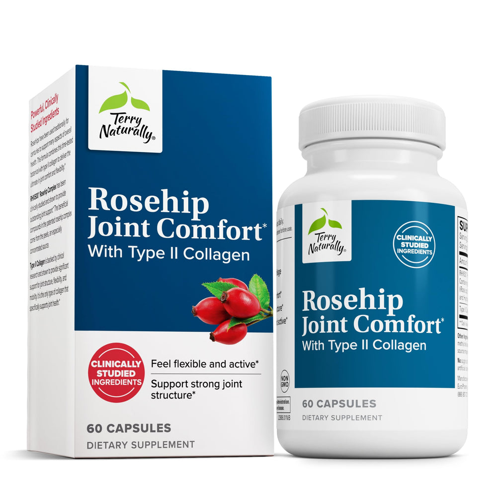 Bottle of Terry Naturally Rosehip Joint Comfort capsules on a white background