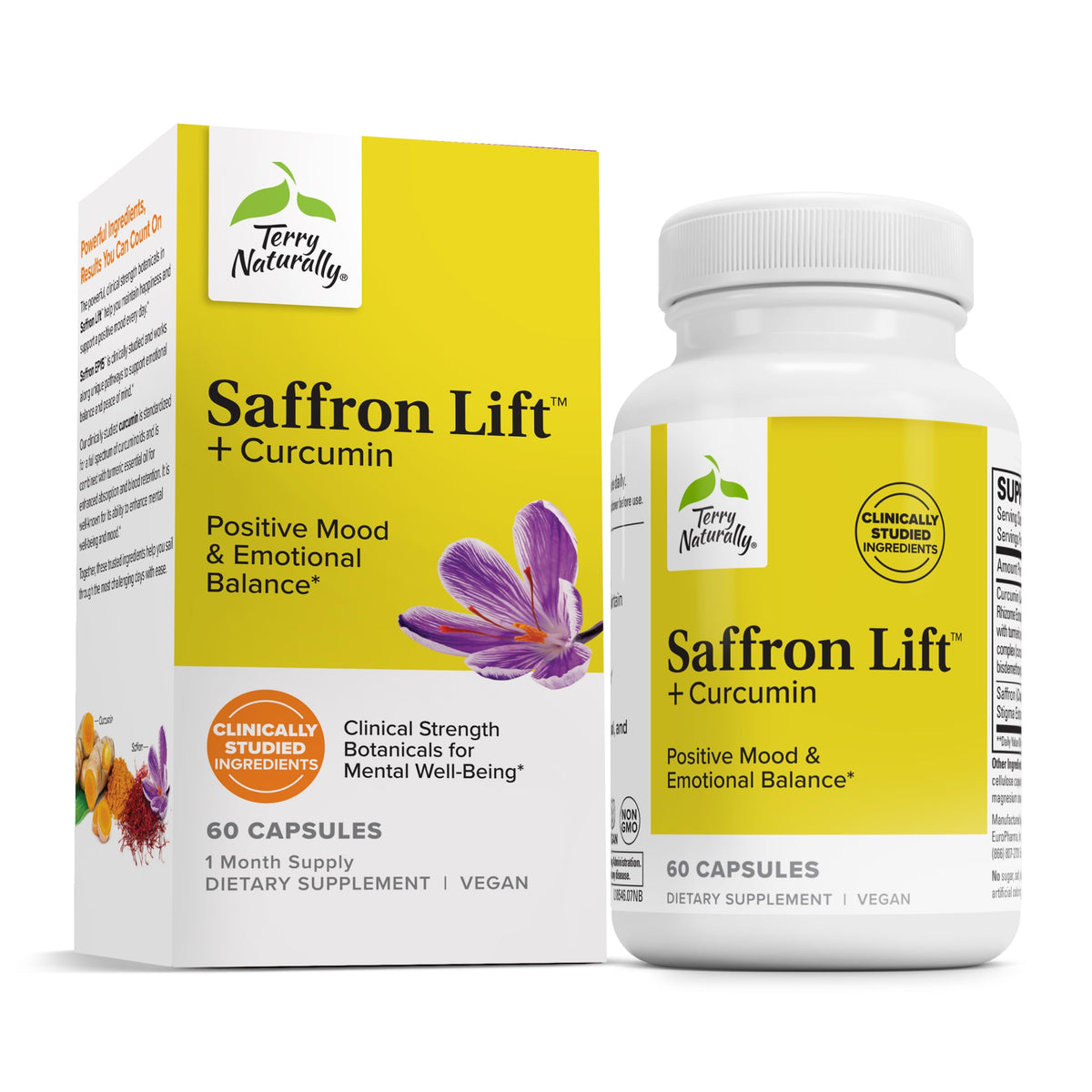 Front view of Terry Naturally Saffron Lift + Curcumin bottle with 60 capsules
