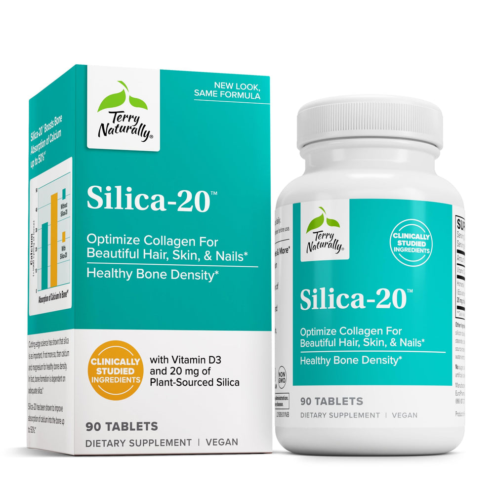Terry Naturally Silica-20 bottle with 90 tablets on white background