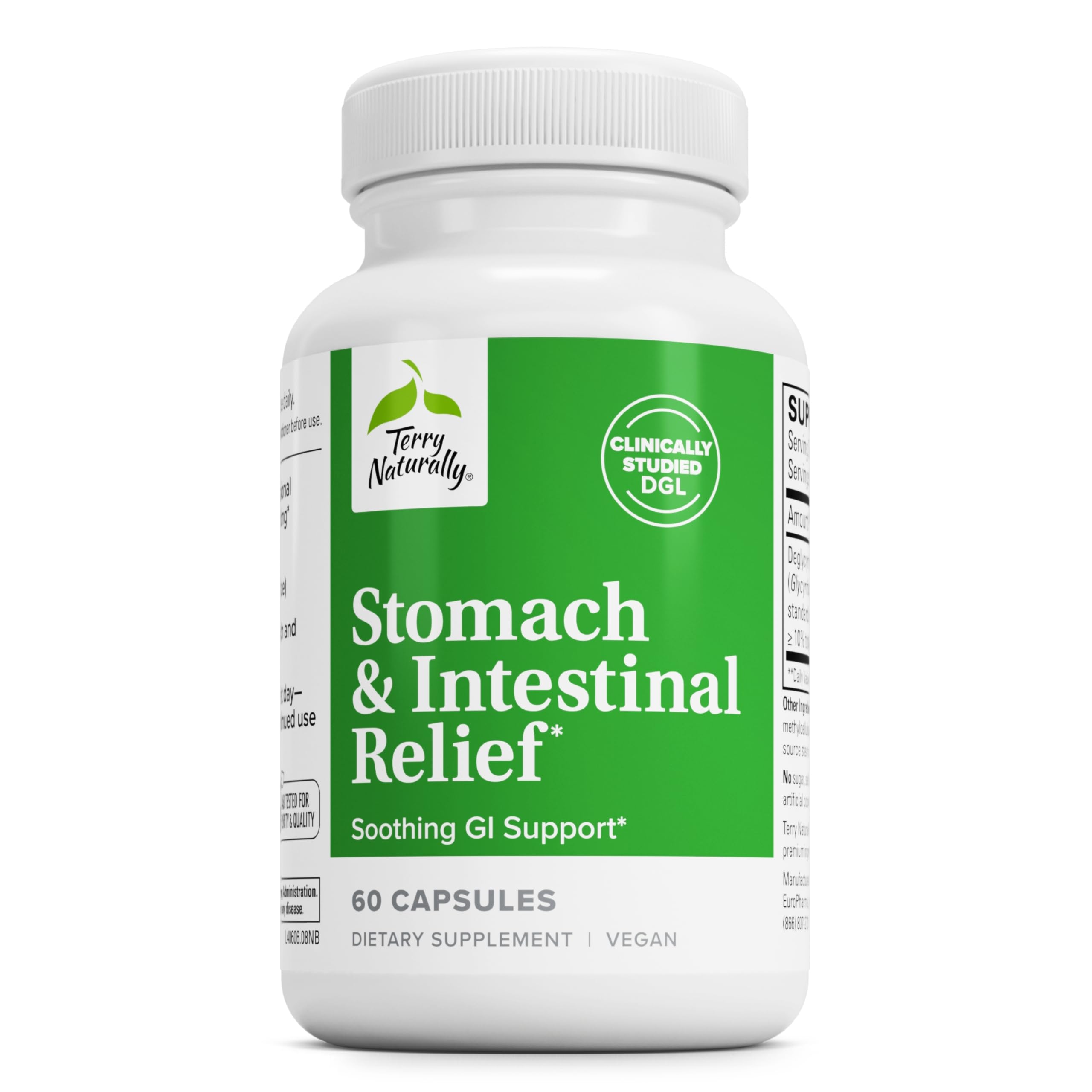 Bottle of Terry Naturally Stomach & Intestinal Relief 60 capsules on white background