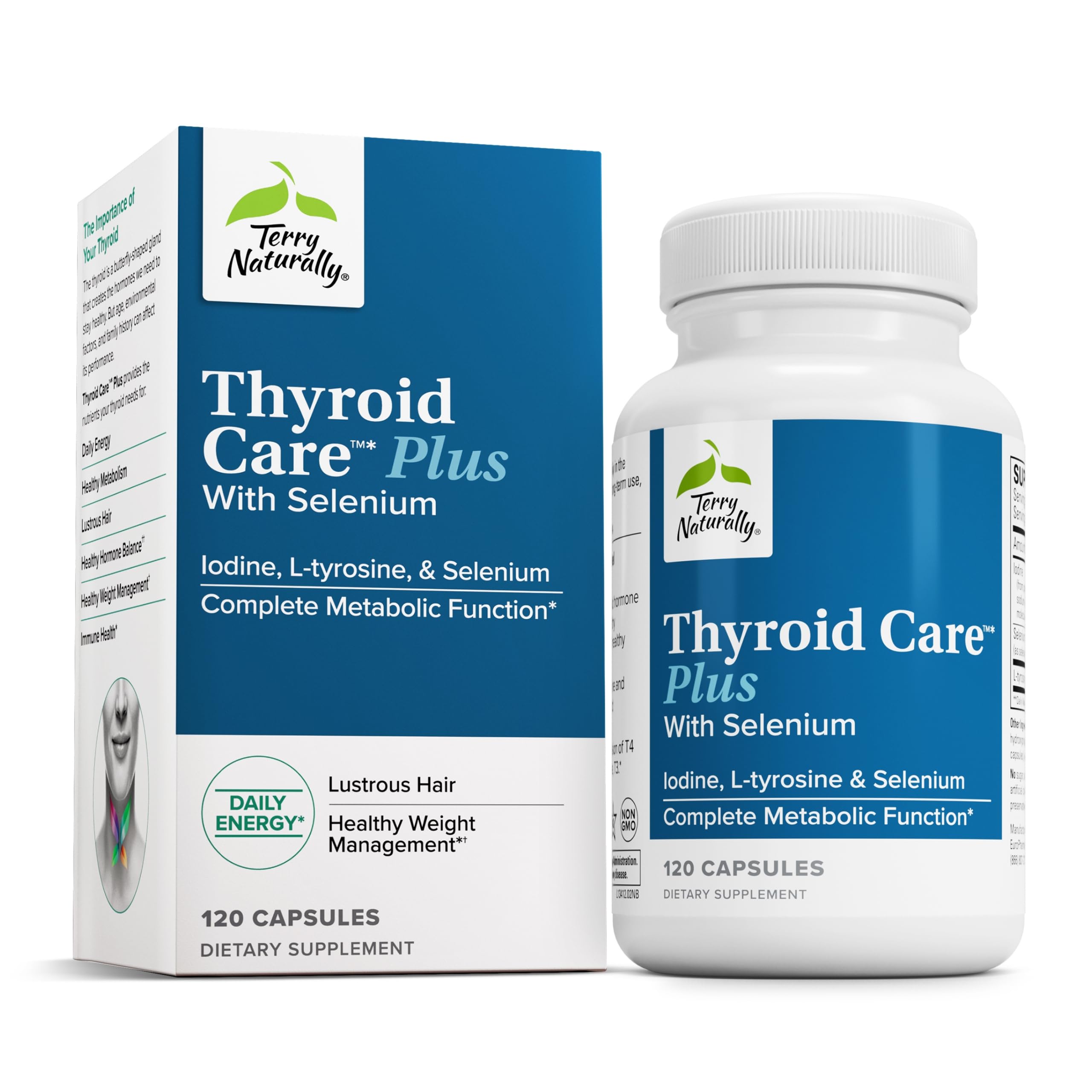 Bottle of Terry Naturally Thyroid Care Plus dietary supplement