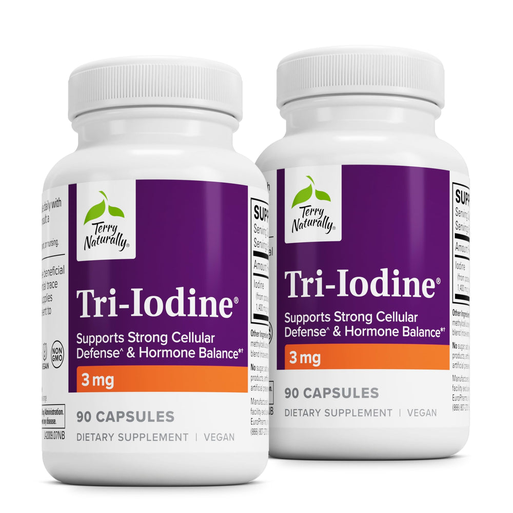 Front view of Terry Naturally Tri-Iodine 90 capsules in a two-pack box