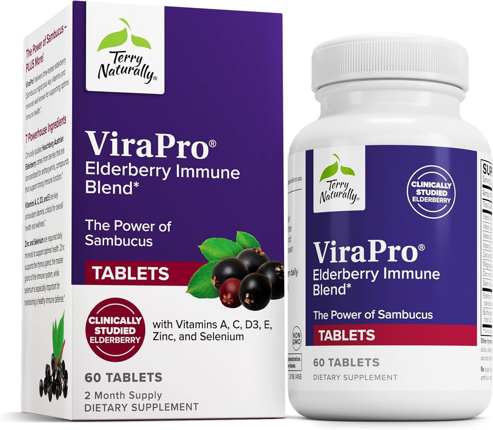Bottle of Terry Naturally ViraPro immune support supplement with elderberry, zinc and selenium.